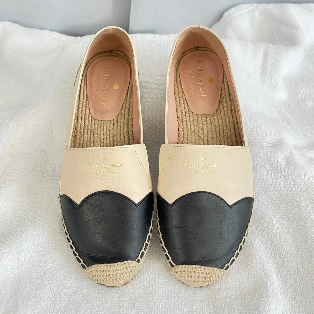 Kate Spade Garden Espadrille Flats Womens Bare Black Leather Resort Parisian‎